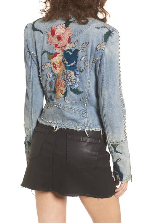 Style Nine To Five_Embroidered Spring Jackets_blanknyc sea of flowers studded denim moto jacket
